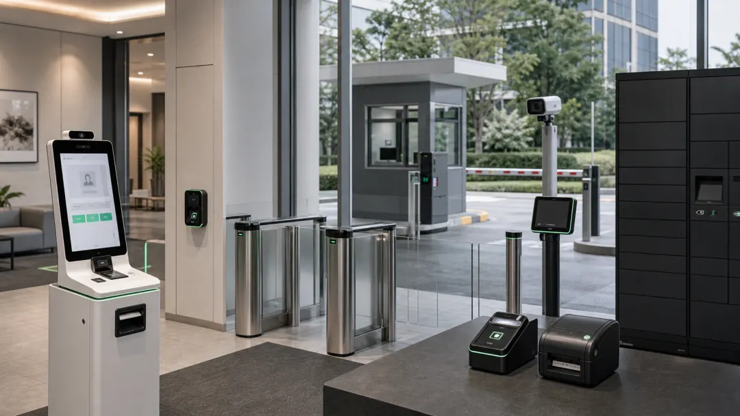 Visitor kiosk, turnstile, badge printer, access card reader, vehicle access monitor, and smart lockers in an enterprise facility