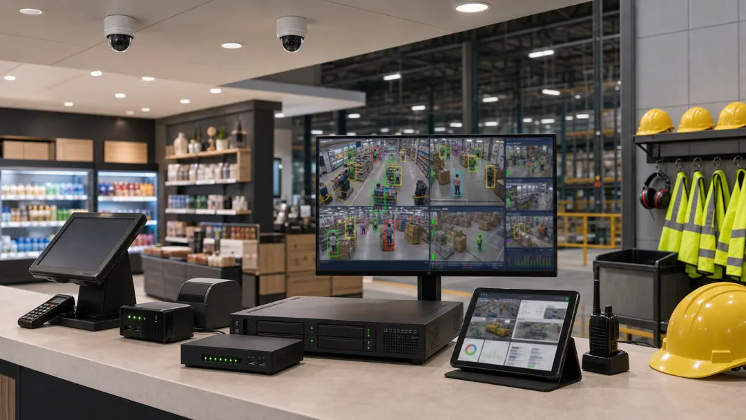 Retail and safety video analytics devices with CCTV camera, POS terminal, edge AI box, recorder, tablet, and safety monitoring screen