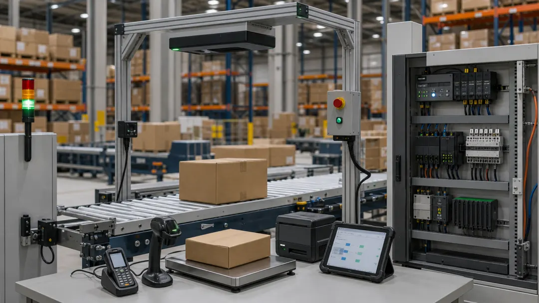 Warehouse automation station with conveyor, weighing scale, dimensioning sensor, barcode scanner, RFID reader, tablet, and PLC cabinet