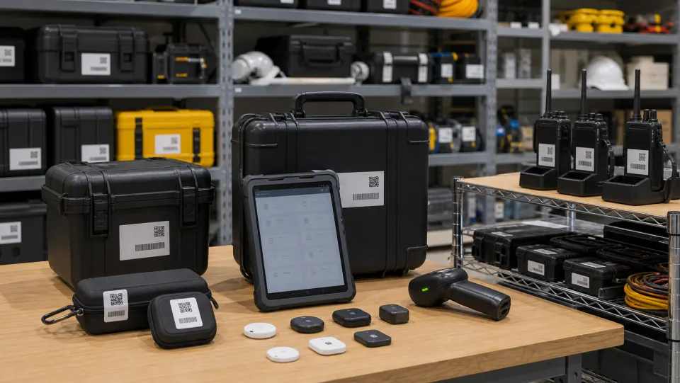 Asset tracking equipment room with tagged cases, scanner, rugged tablet, and beacon tags