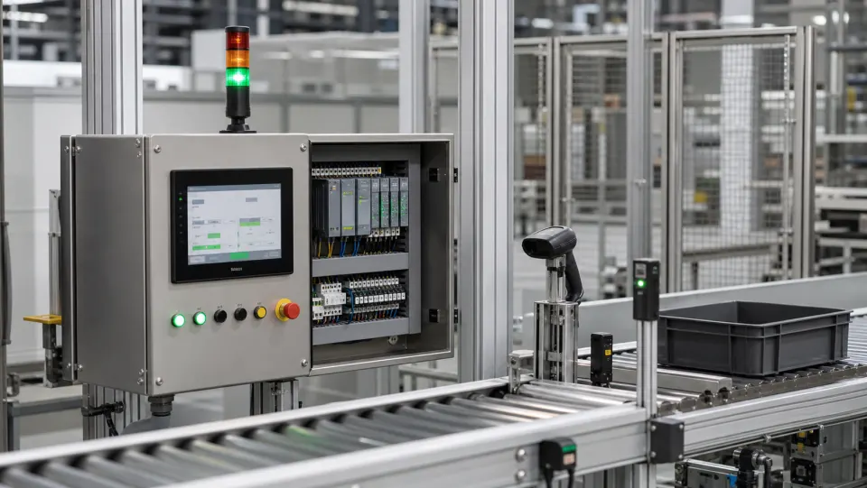 Industrial automation workstation with PLC cabinet, HMI screen, barcode scanner, sensors, and conveyor