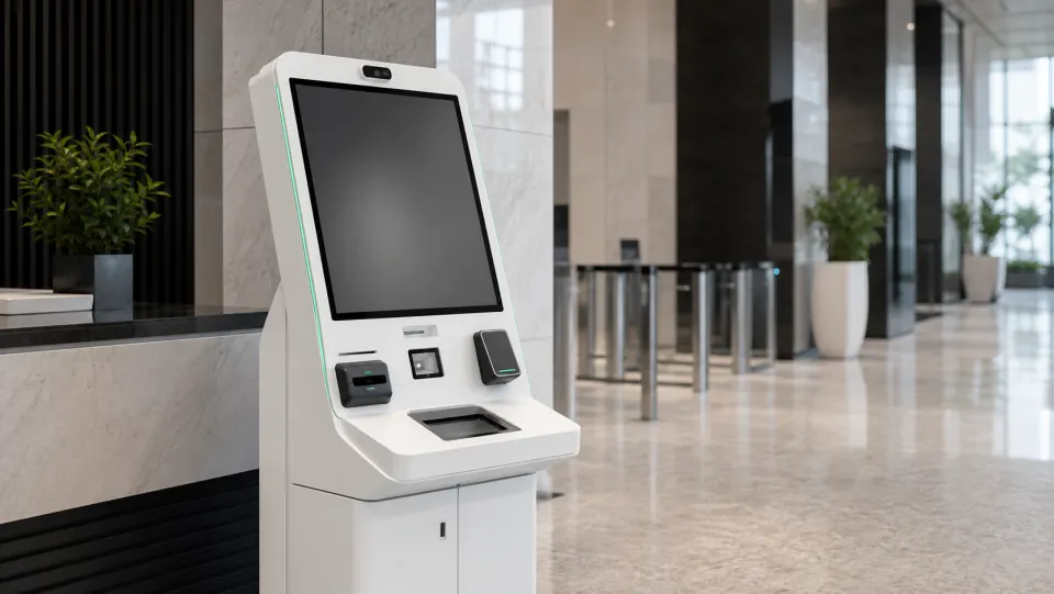 Self-service touchscreen kiosk with QR scanner, card reader, camera, and printer devices