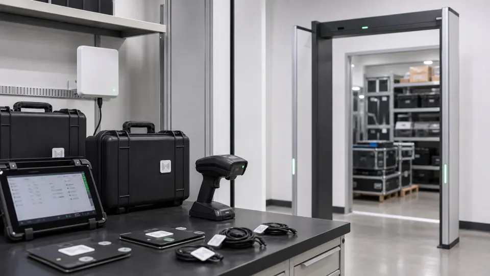 RFID handheld reader, tagged equipment cases, fixed antenna, portal reader, and inventory tablet