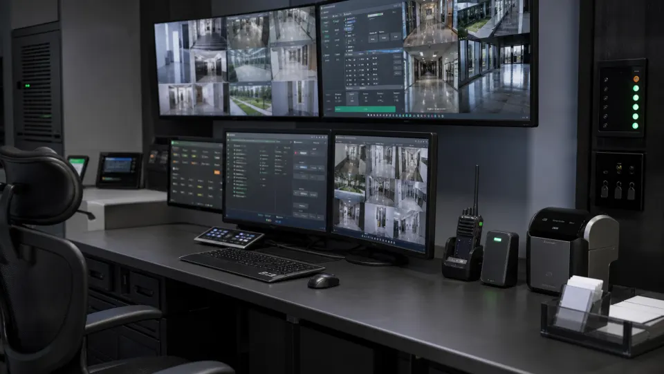 Security command center desk with CCTV monitors, access devices, and visitor badge equipment