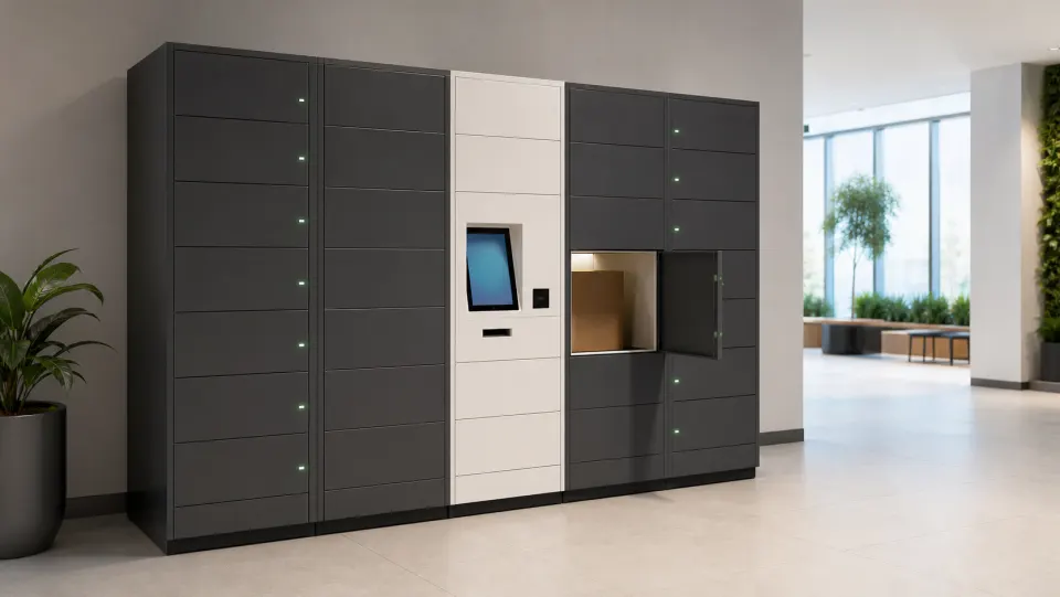 Smart locker bank with touchscreen panel, QR scanner, parcel compartments, and status lights
