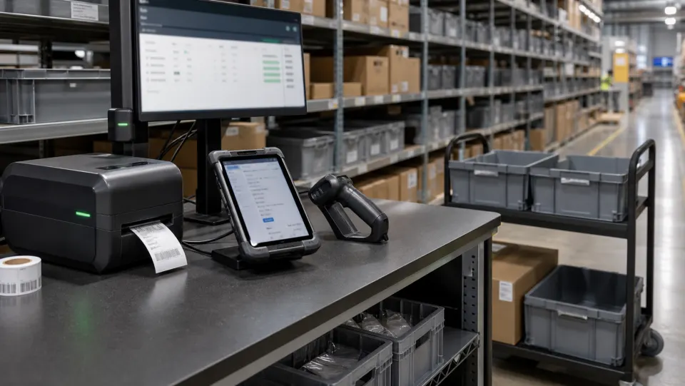 Warehouse inventory workstation with handheld scanner, label printer, tablet, bins, and shelves